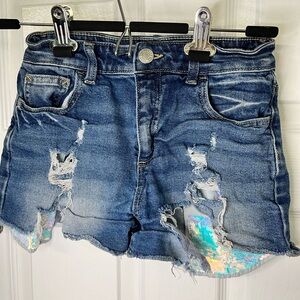 Justice Girls Denim Shorts Size 12 Distressed Sequin Lined Cutoff Shorts